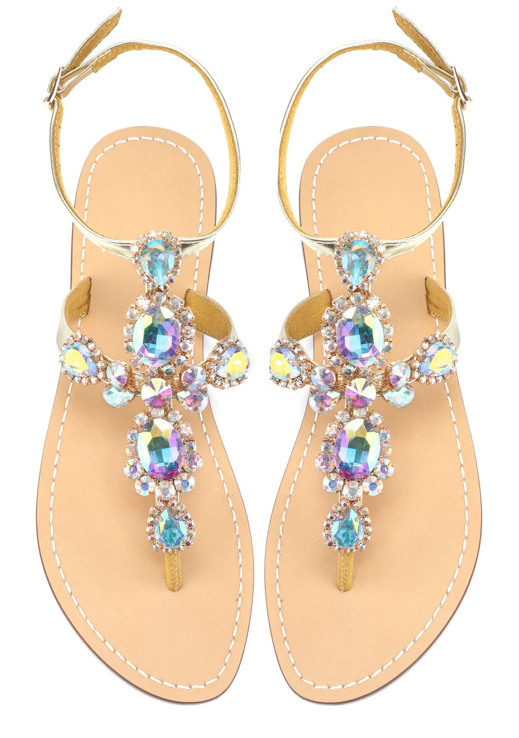 ZhuLinFeng Women'S Rhinestone Gladiator Sandals Flat Wedding Sandals Gem Pearl Sparkling Bridal Bridesmaid Sandals Blue Bohemian Sandals