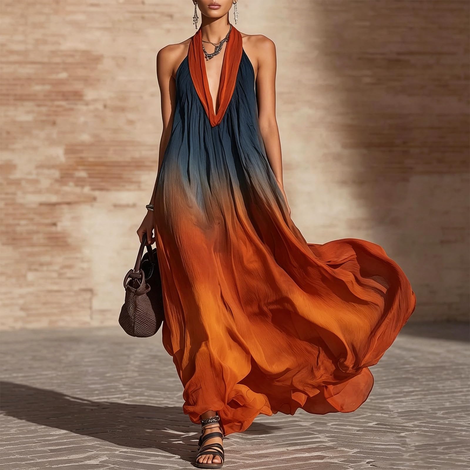 Women's Halter Neck Maxi Dress Sleeveless Deep V-Neck Chiffon Dress Beach Wedding Guest Summer Evening Party