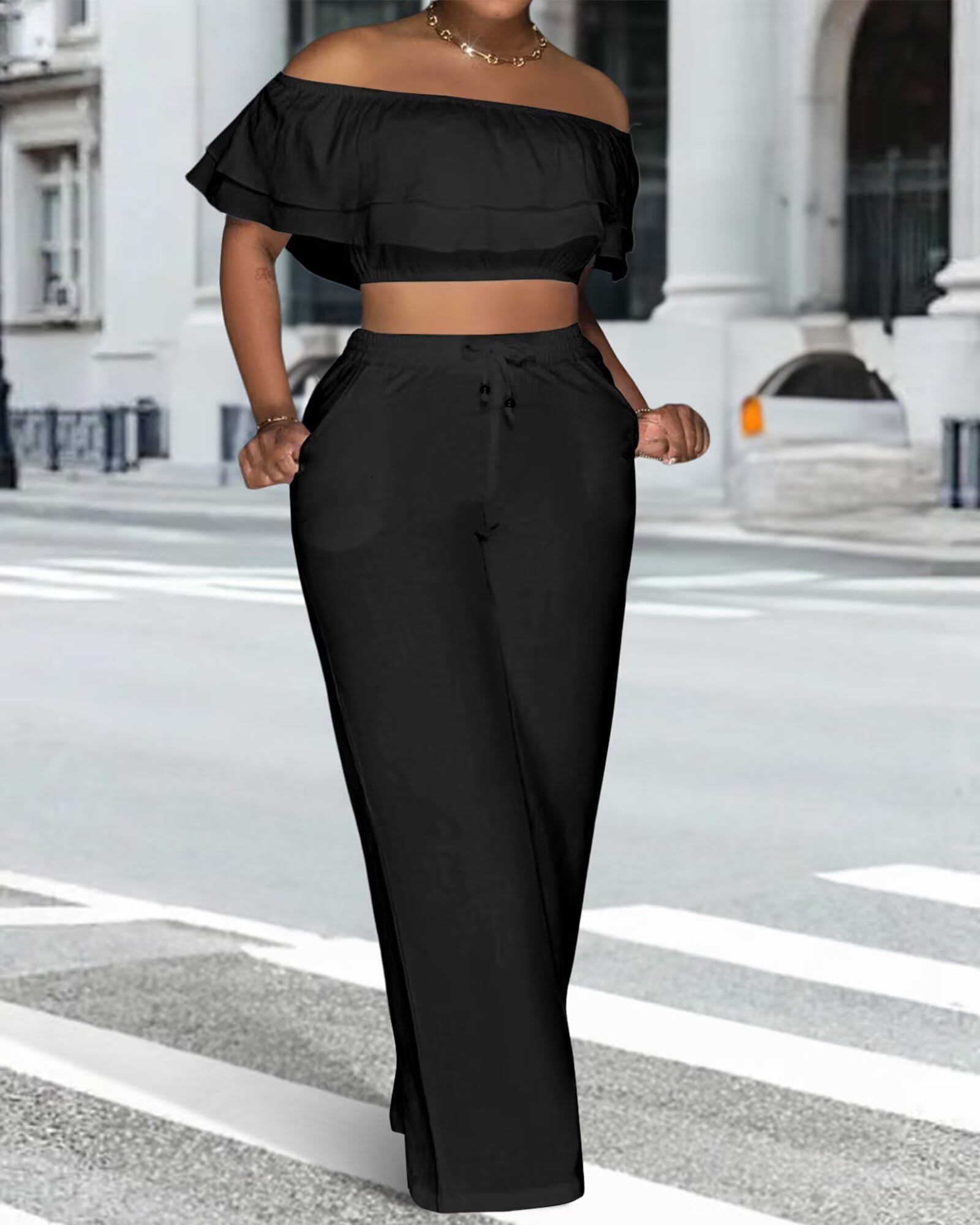 Adogirl 2 Piece Outfits for Women Ruffle Trim Crop Top Wide Leg Pants Set | 2 Piece Sets, Outfit for Women, Off Shoulder, Short Sleeve, Wide Leg Pants with Pockets, Sexy Outfits, Vacation Outfits