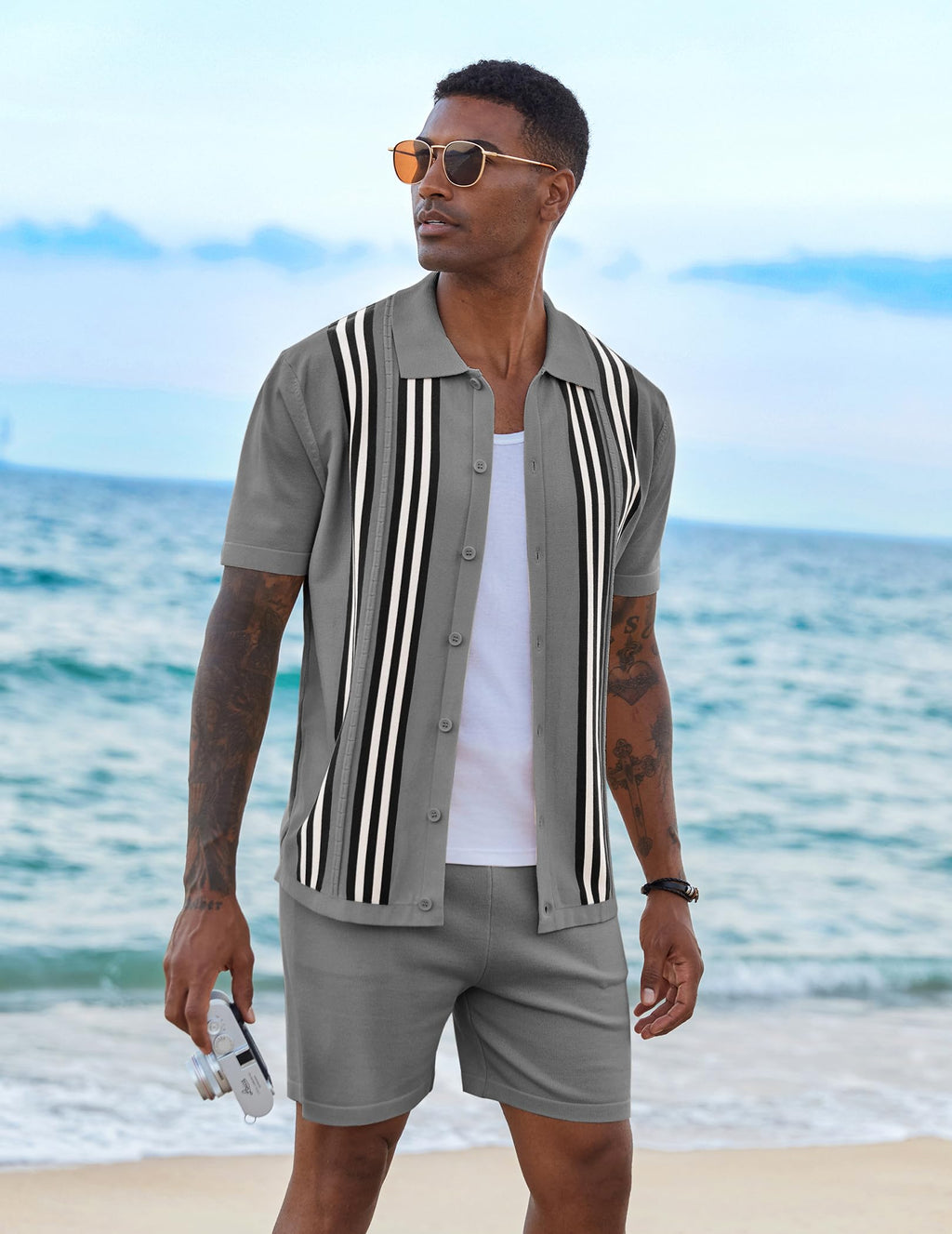 COOFANDY Men's 2 Piece Outfits Summer Short Sets Vintage Knit Button Down Shirt Short Sleeve Polo Casual Beach Suits