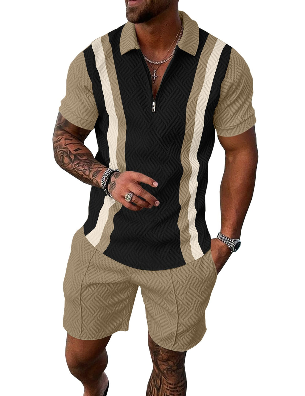 Mens Summer Track Suits 2 Piece Shorts Sets Short Sleeve Sweatsuit Outfits 1/4 Zip Golf Polo Splicing Striped Shirts