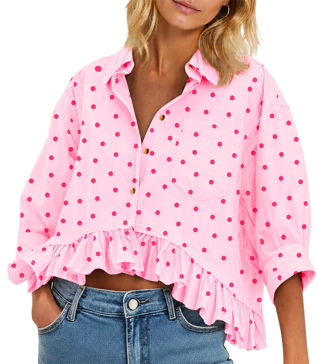 Cicy Bell Womens Cropped Striped Button Down Shirts Ruffle 3/4 Length Tops | Dressy Casual Blouses,Summer V Neck Tops,Vacation Outfits