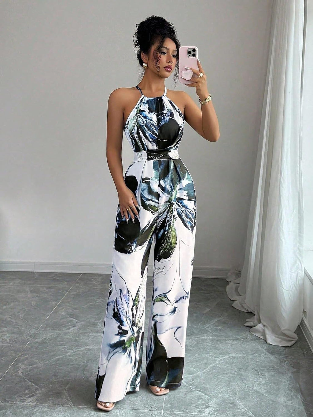 Lounge Print Jumpsuit For Women Sleeveless Halter Neck Wide Leg Pants One Piece Outfit Fashion Street Going Out Set