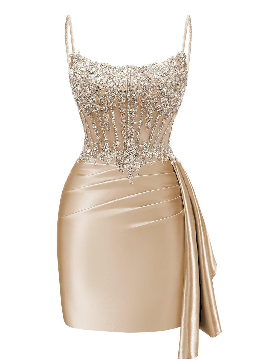 Satin Mermaid Homecoming Dresses 2026 Square Neck Beaded Short Prom Dress | Spaghetti Strap,Ruched,Tight,Bodycon,Sparkle,Sequin,Mini,Hoco Dresses,Club Dresses,Party Dresses