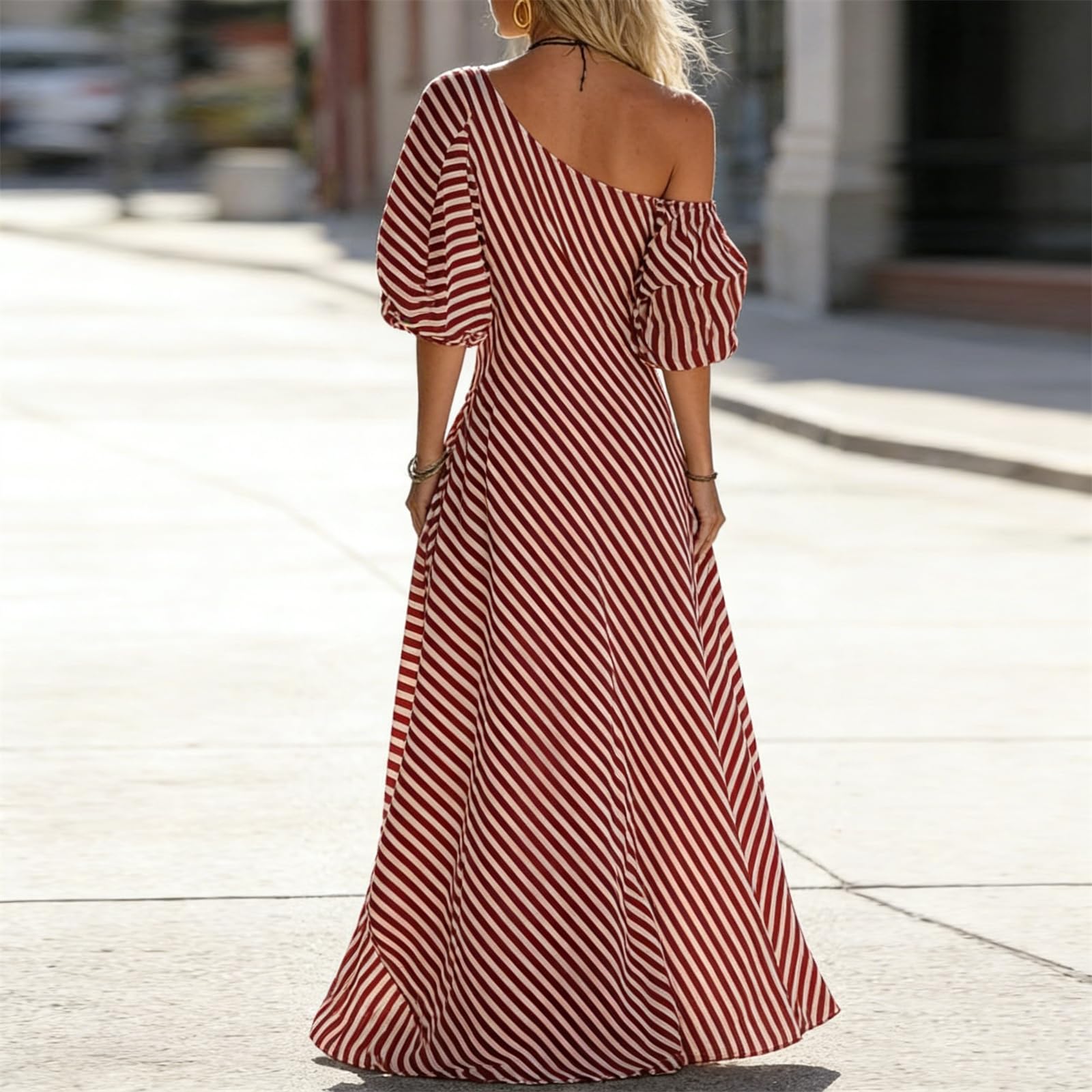 Women's Elegant and Classic Striped Off-Shoulder Maxi Dress,Summer Flutter Short Sleeve One Shoulder Loose Flowy Long Dress