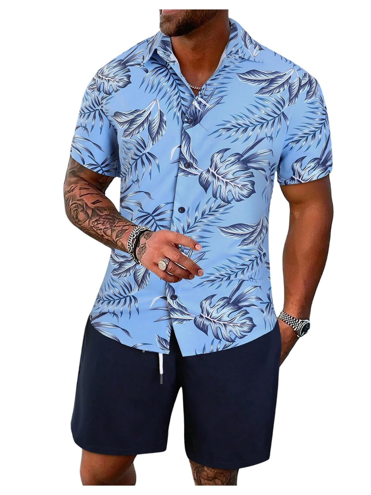 GORGLITTER Men's Cruise Rave Vacation Matching Outfits 2 Piece Short Sets | Mens Summer Beach Outfits, 2 Piece Shorts Set, Couples Travel Outfits, Hawaiian Shirts