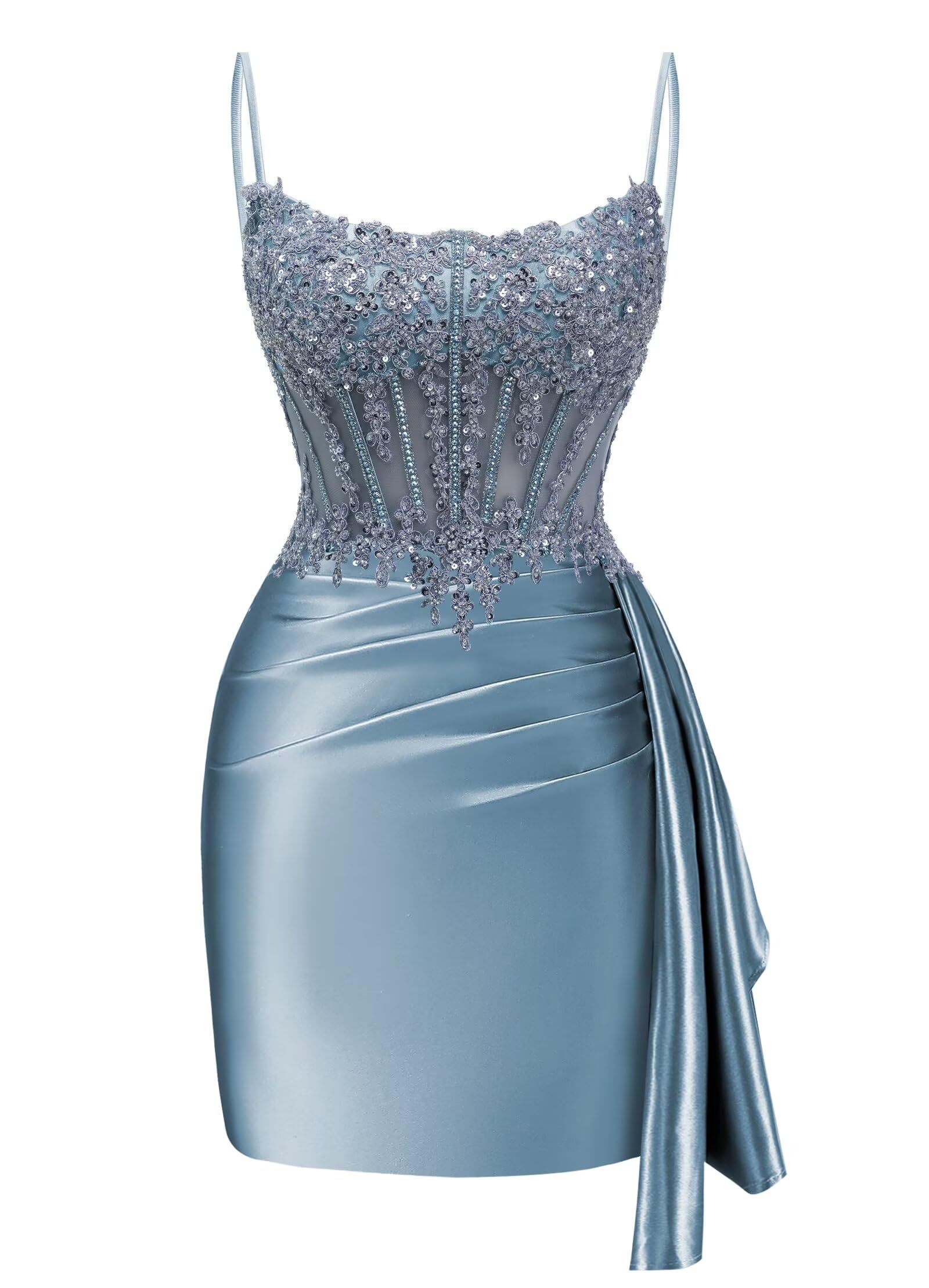 Satin Mermaid Homecoming Dresses 2026 Square Neck Beaded Short Prom Dress | Spaghetti Strap,Ruched,Tight,Bodycon,Sparkle,Sequin,Mini,Hoco Dresses,Club Dresses,Party Dresses