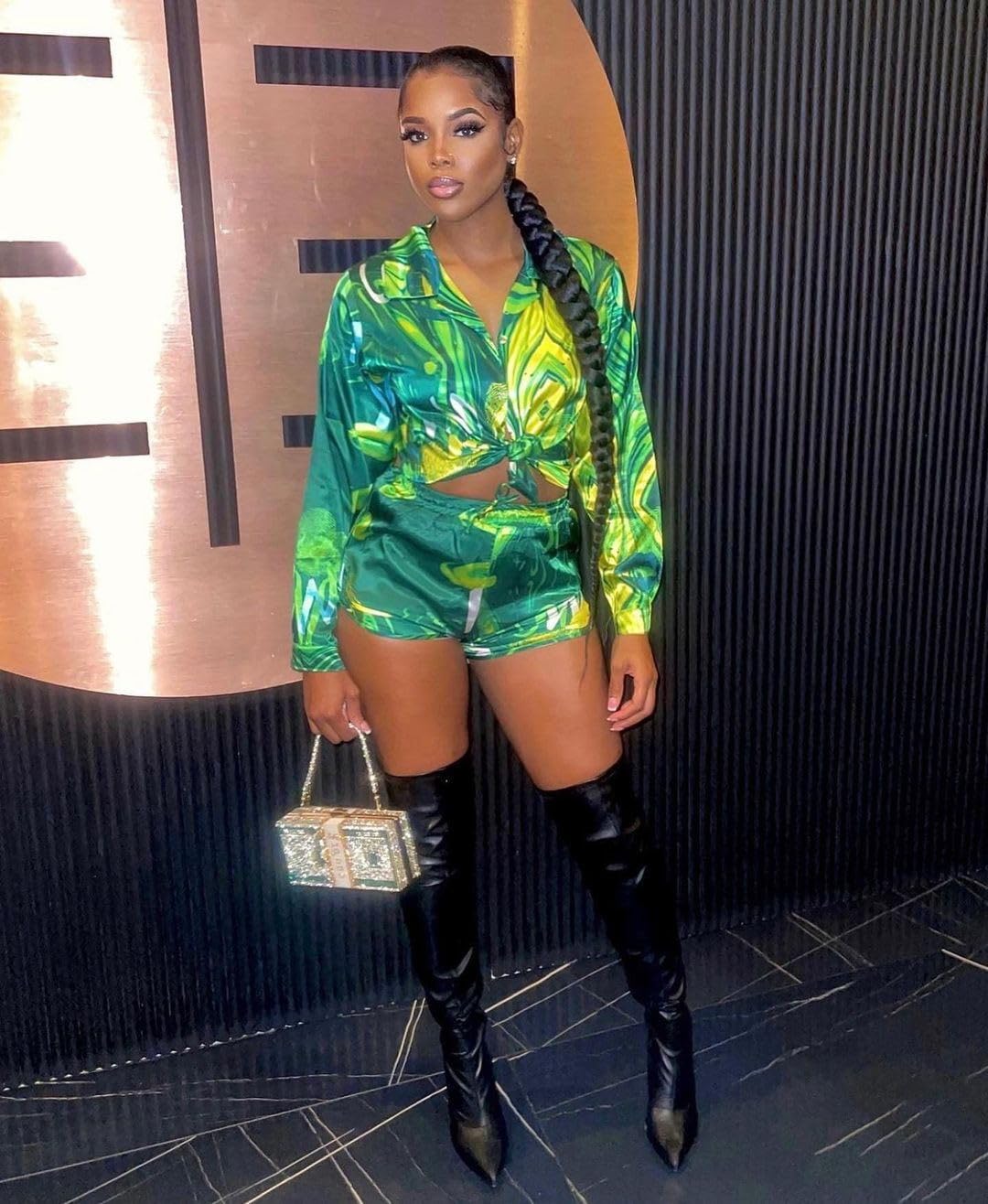 Women 2 Piece Outfit Sexy Printed Crop Top and Shorts Set | Tie Front, Long Sleeve, Matching Set, For Club Party Vacation