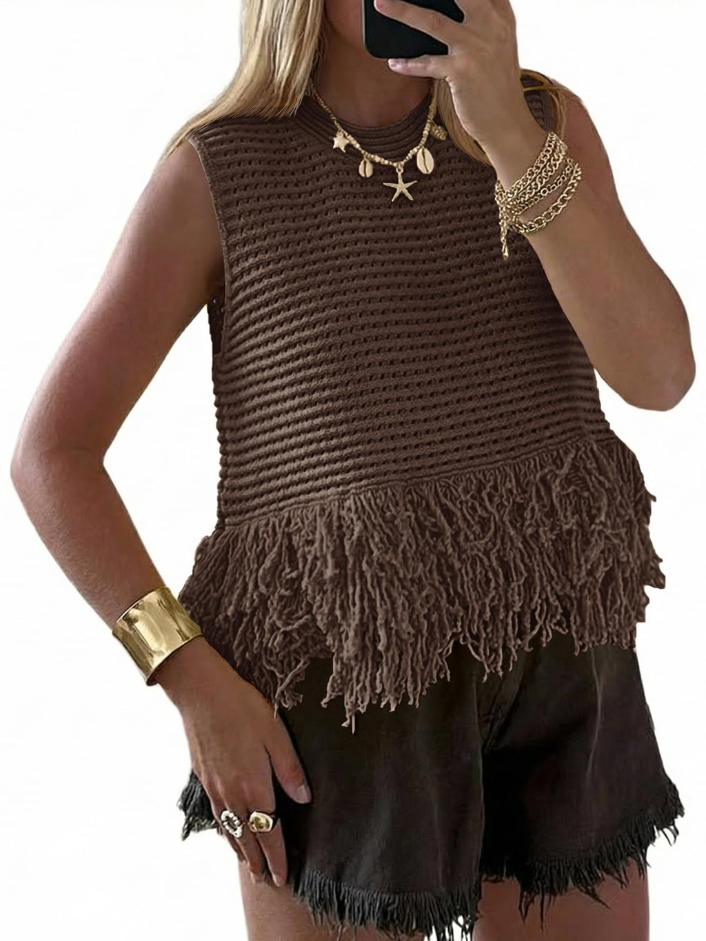Saodimallsu Womens Crochet Crop Tank Tops Fringe Boho Summer Sweater Vest | Sleeveless,Crew Neck,Soft Knit,Summer Going Out Top,Resort Wear,Beach Vacation Outfits,Spring Fashion