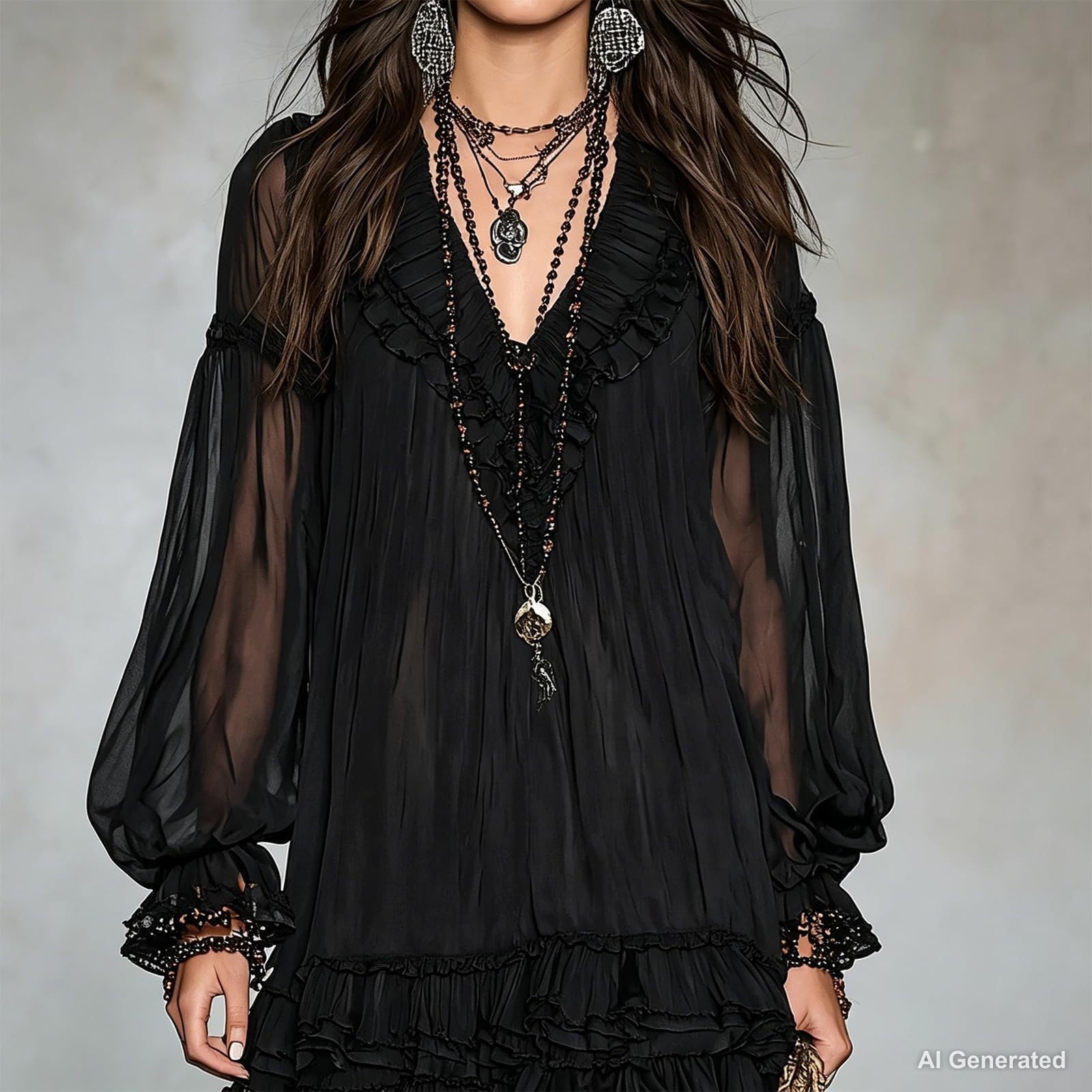 Women's Vintage Boho Chiffon Dress Navy Blue Baroque Print High Neck Irregular Lantern Sleeve Dress Casual Party Vacation