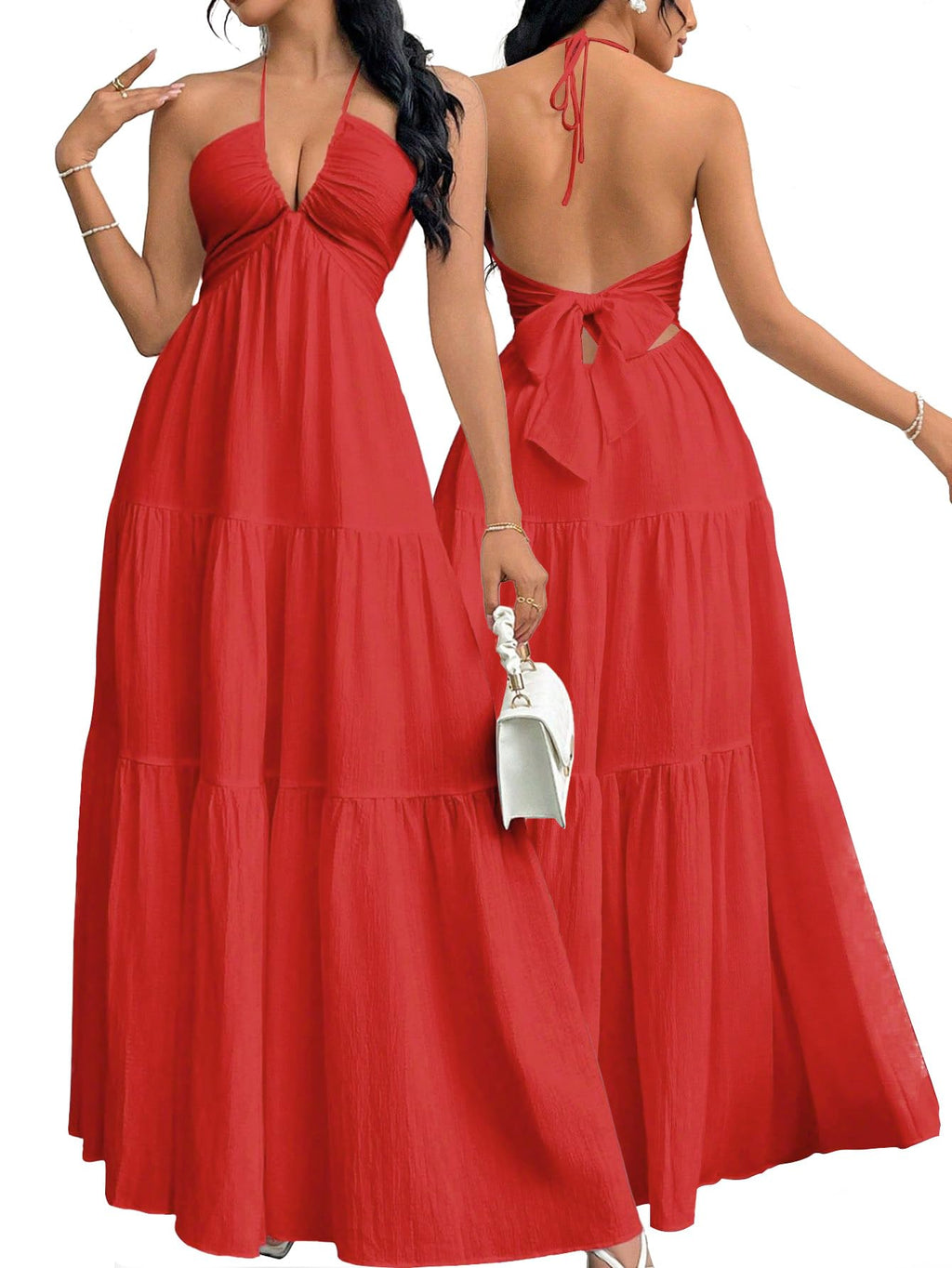 Narecte Women's Maxi Summer Dresses Halter V Neck Beach Dresses for Women A-Line Casual Dress for Vacation