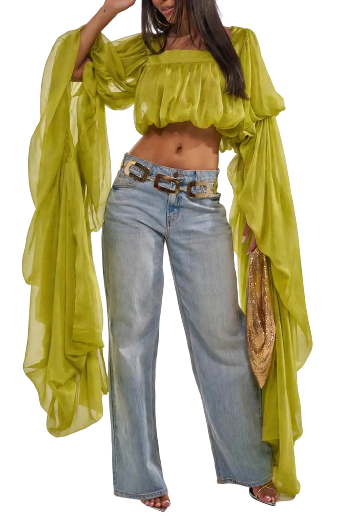 YOOTIKO Women Flowy Chiffon Crop Blouses Ruffle Long Bell Sleeve Tops | Trendy Square Neck Going Out Shirts,Elegant Evening Party Wear
