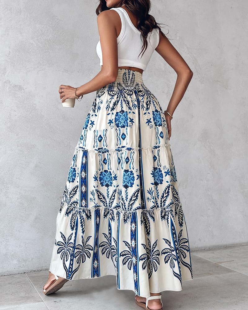 CHICME Women's Boho Floral Summer Maxi Skirt with Pockets Vacation Outfit | Shirred High Waist, Ruffle Hem, Lightweight Comfortable Fabric, A-Line Long Flowy Skirt for Beach, Travel & Daily Wear