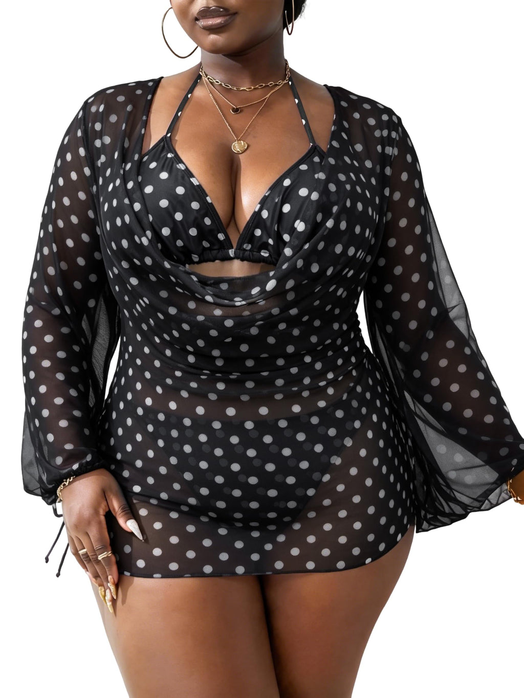 WODECASA Women's Plus Size 3 Piece Swimsuits Halter Triangle Bikini Set with Drawstring Semi Sheer Cover Up Bathing Suit