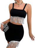 OYOANGLE Women's 2 Piece Outfit Sequin Fringe Crop Top Bodycon Mini Skirt | 2 Piece Party Outfit, Sparkly Sequin, Fringe Crop Top, Bodycon Mini Skirt, Night Out Sets