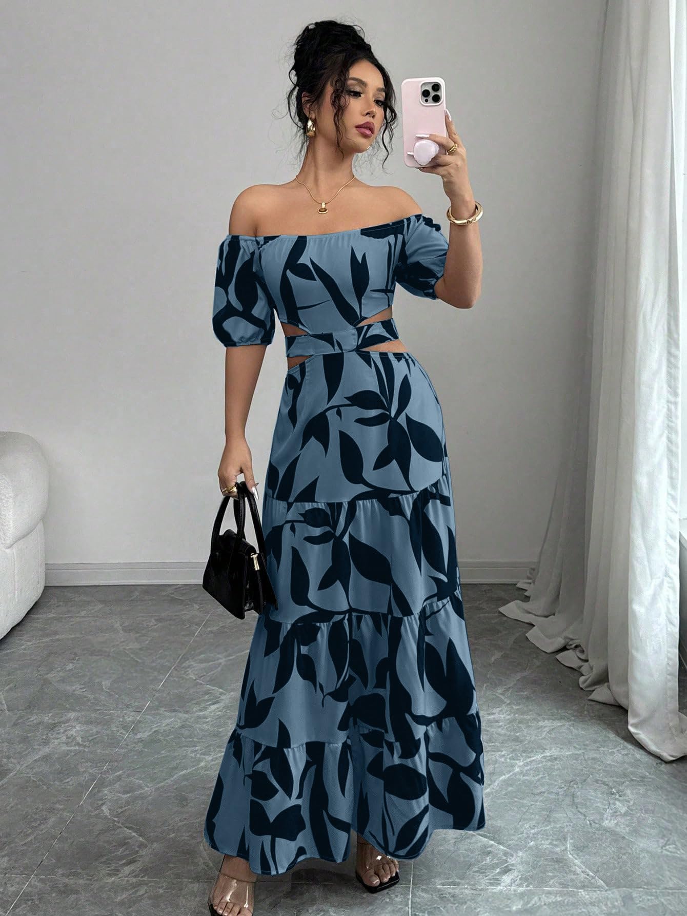 Women's Boho Off The Shoulder Short Sleeve Maxi Dresses Casual Summer Tiered Ruffle Swing Cut Out Flowy Dress