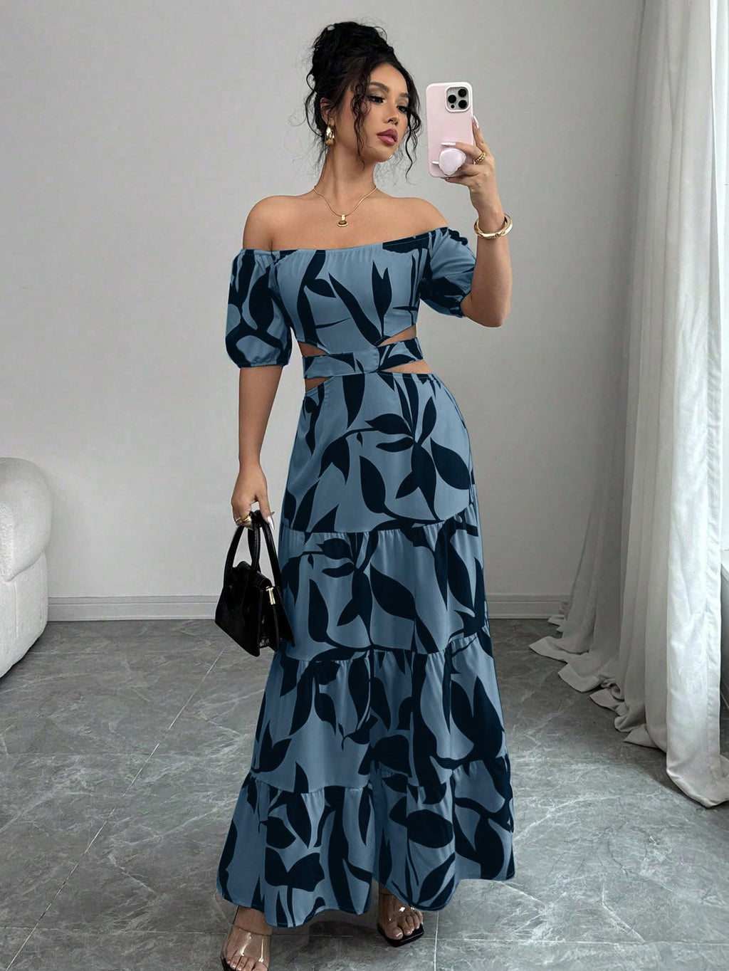 Women's Boho Off The Shoulder Short Sleeve Maxi Dresses Casual Summer Tiered Ruffle Swing Cut Out Flowy Dress