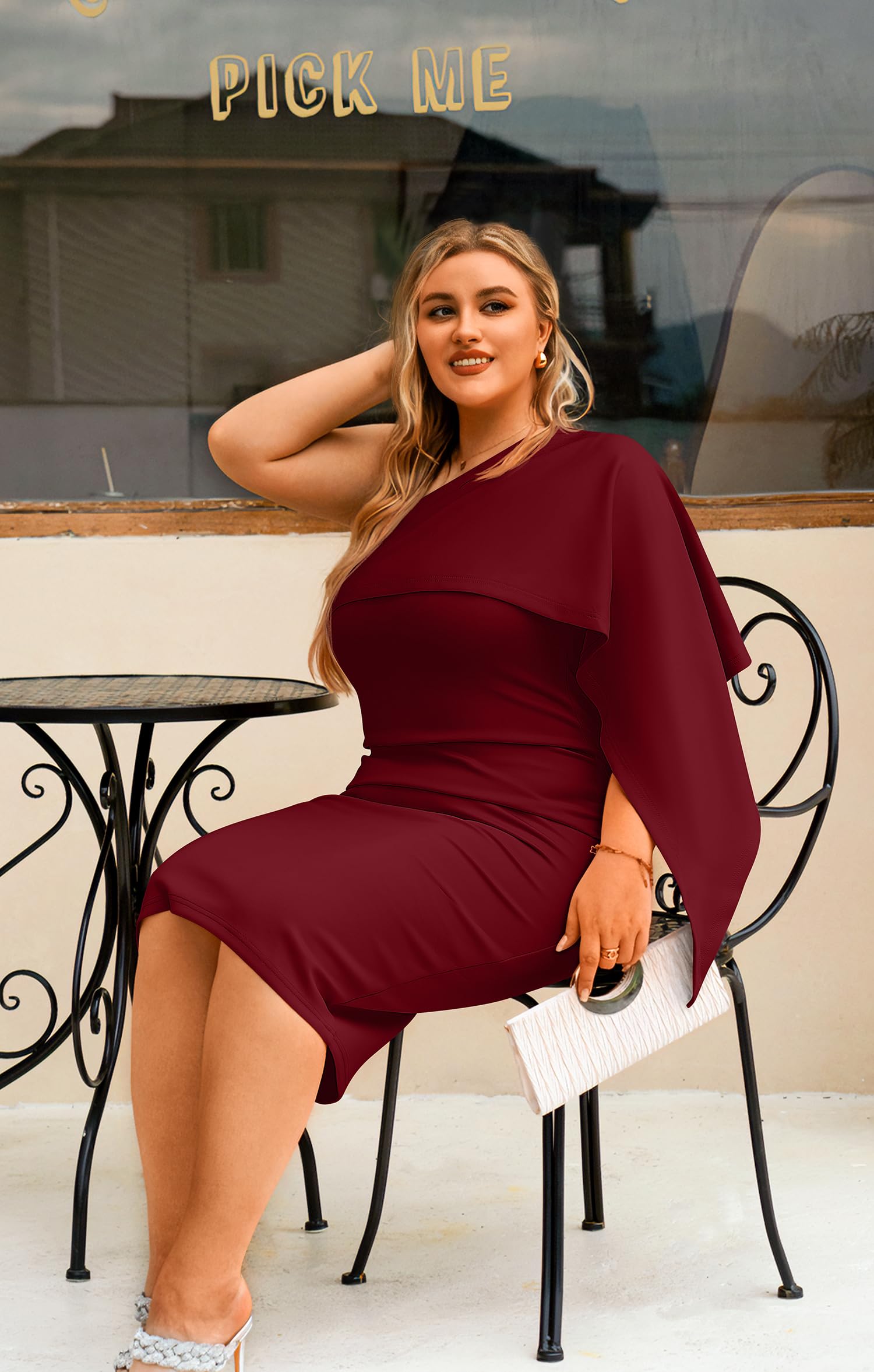 GOBLES Women's Asymmetrical One Shoulder Cape Bodycon Midi Dress | Elegant, Party, Cocktail
