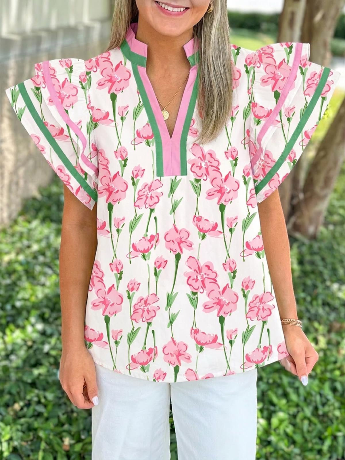 Cicy Bell Womens Ruffle Cap Sleeve Tops Summer V Neck Dressy Casual Blouses | Color Block, Boutique Tops, Pleated Shirt, Loose Fit, Wear to Work, 2026 Fall Outfits