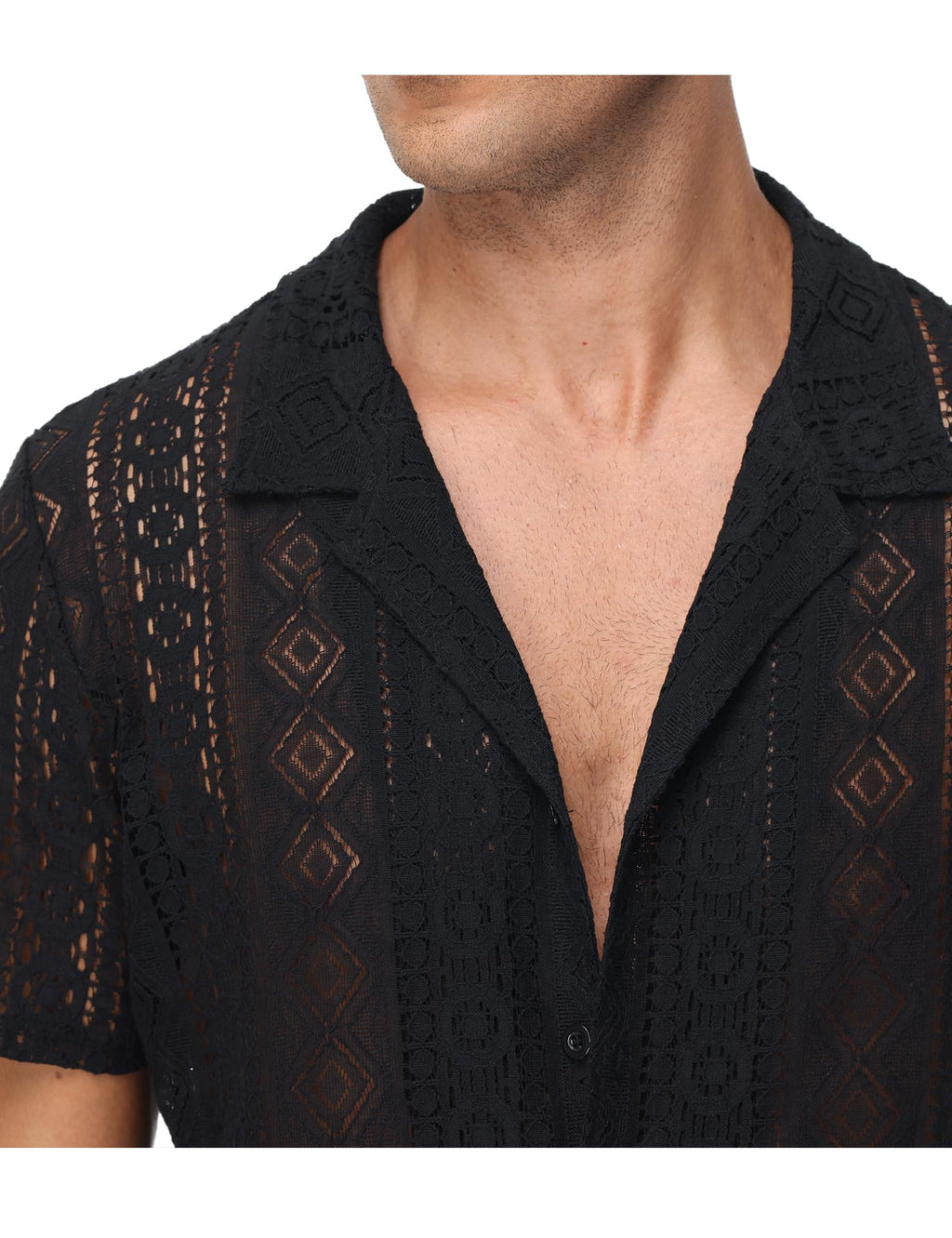 Men 2 Piece Shorts Set Sexy Lace Mesh Sheer Short Sleeve Summer Rave Outfit