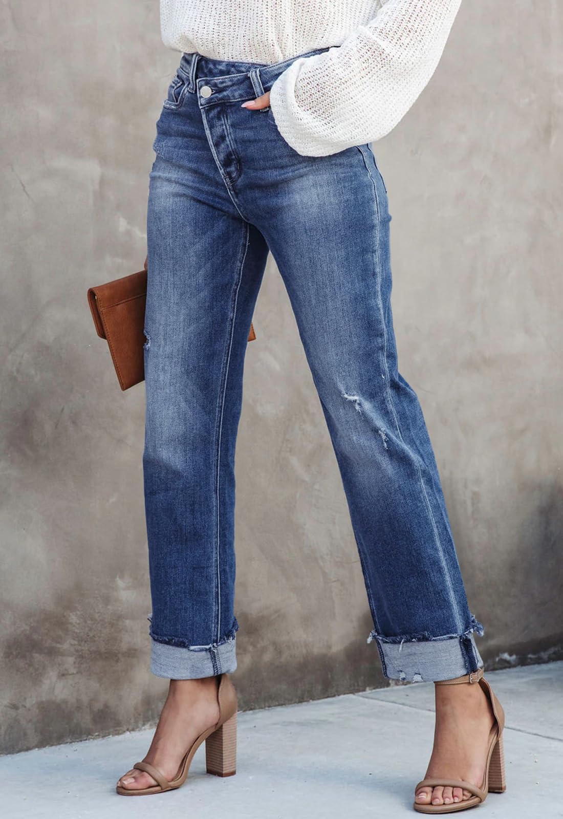 Metietila Jeans for Women Trendy High Waisted Corssover Boyfriend Jeans Distressed Stretchy Denim Pants