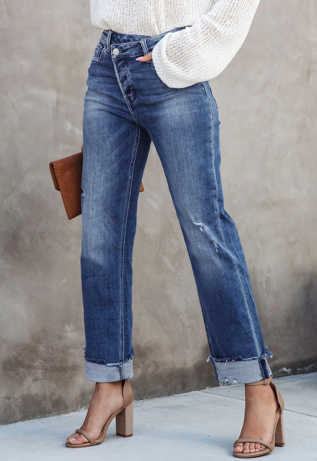 Metietila Jeans for Women Trendy High Waisted Corssover Boyfriend Jeans Distressed Stretchy Denim Pants