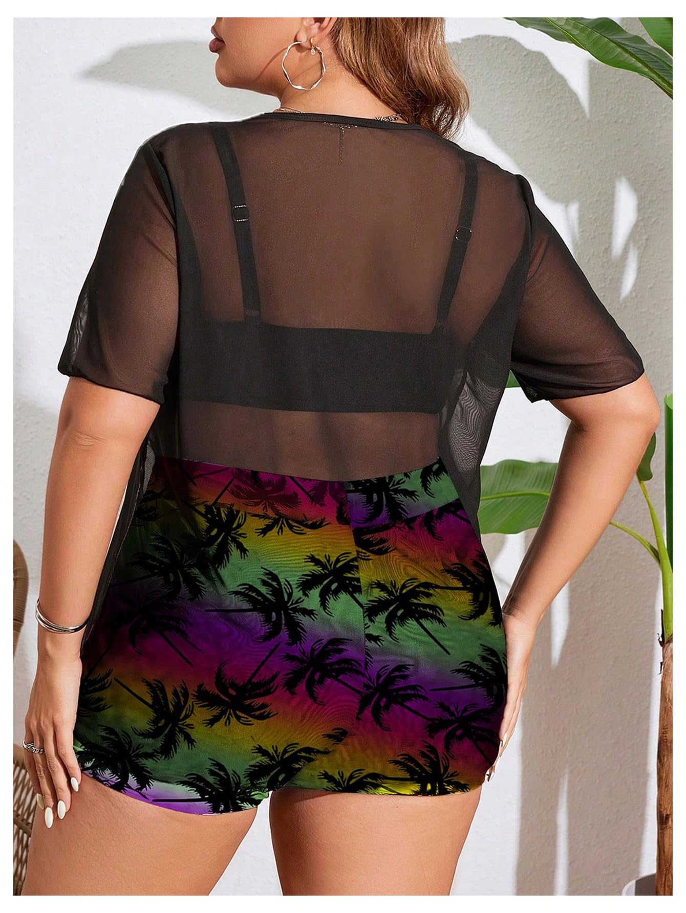 Women's 3 Piece Plus Size Swimsuit Tankini Shorts Set High Waisted Bathing Suit Graphic Beachwear with Mesh Cover Up