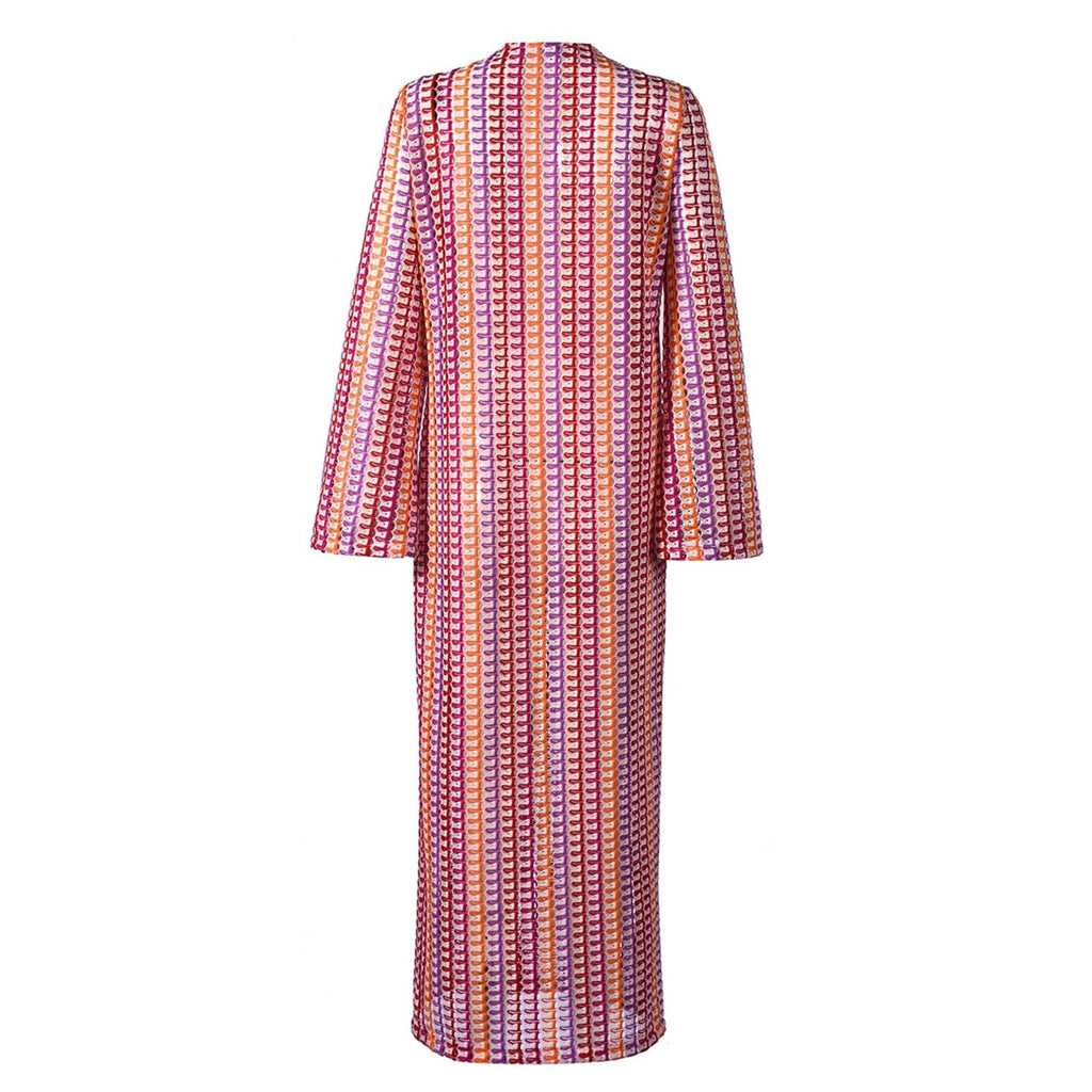 Womens Crochet Colorful Bell Long Sleeve V Neck Loose Maxi Dress Sexy Boho Eyelet Long Sundresses with Slit