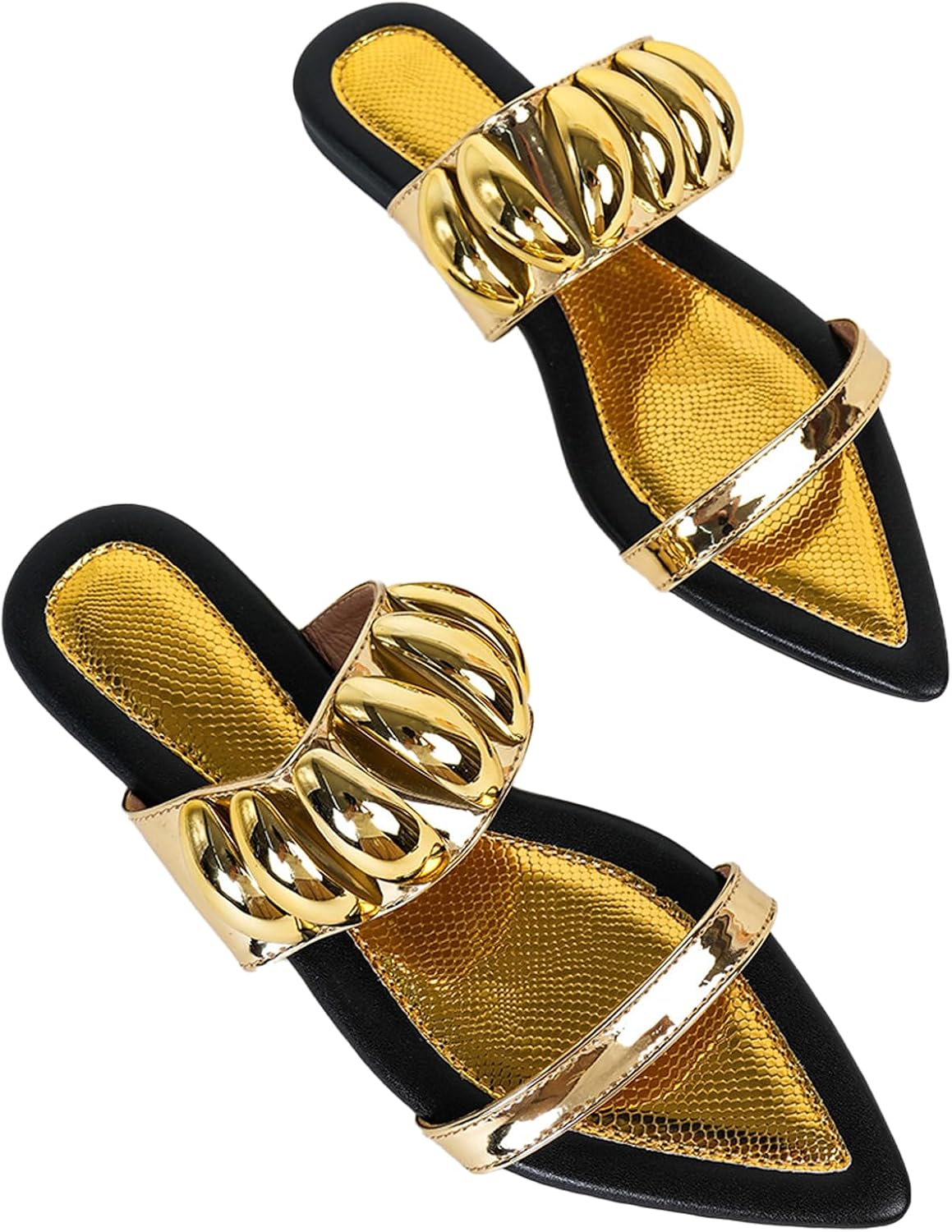 Women's Double Strap Flat Slides Sandals with metal decor Fashion Snake Print Pointed Open Toe Slip on Soft Sole Lining Sexy Prom Slippers for Y2K Summer Dressy Party
