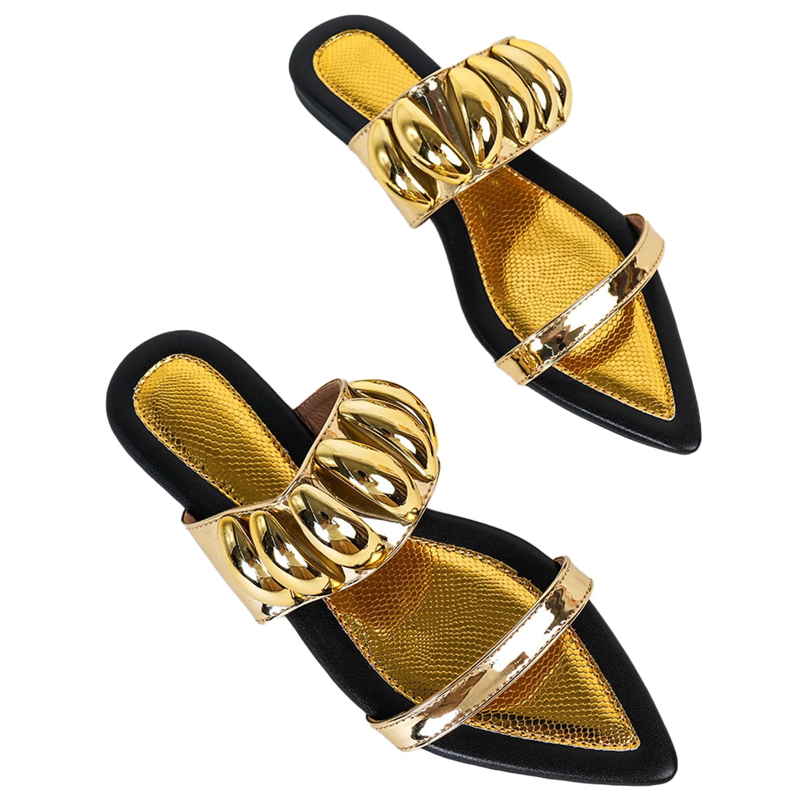 Women's Double Strap Flat Slides Sandals with metal decor Fashion Snake Print Pointed Open Toe Slip on Soft Sole Lining Sexy Prom Slippers for Y2K Summer Dressy Party