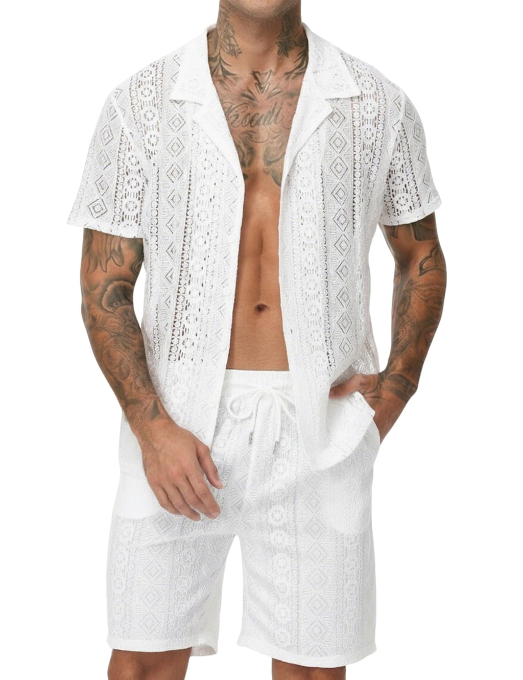 Men 2 Piece Shorts Set Sexy Lace Mesh Sheer Short Sleeve Summer Rave Outfit