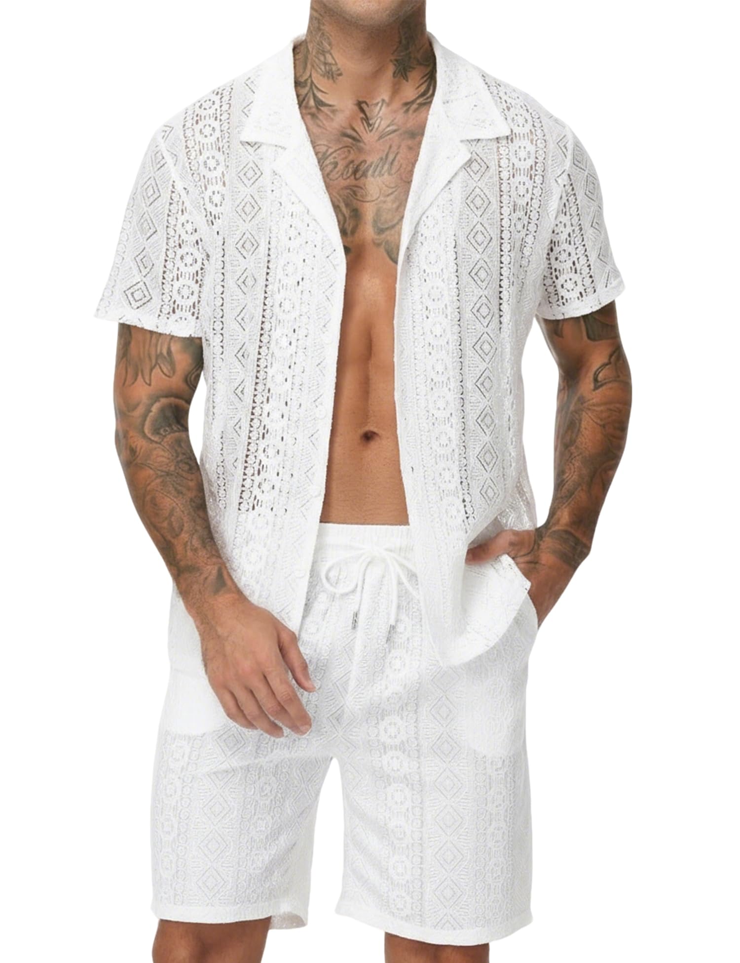 Men 2 Piece Shorts Set Sexy Lace Mesh Sheer Short Sleeve Summer Rave Outfit