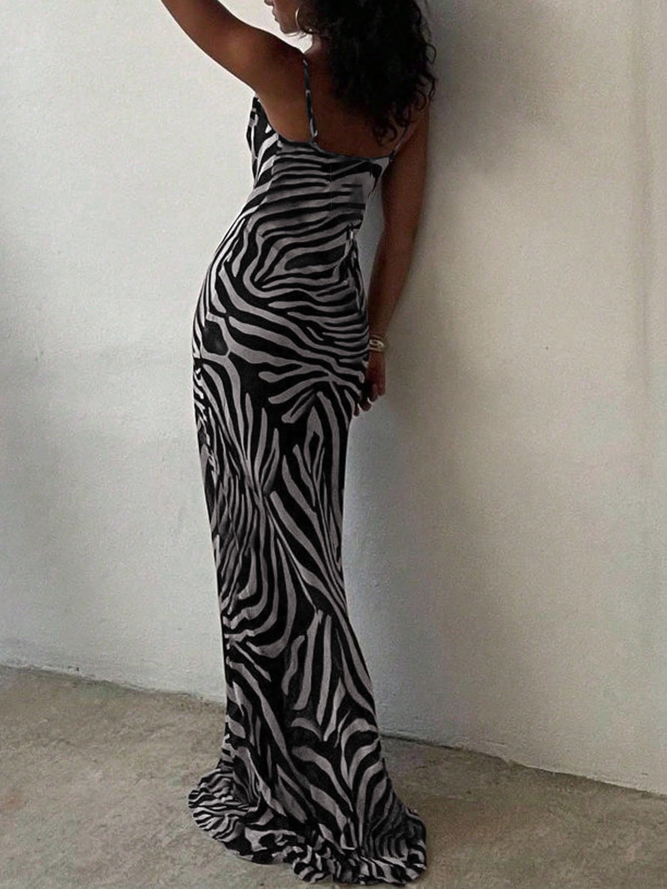 OYOANGLE Women's Zebra Spaghetti Strap Maxi Dresses Cowl Neck Bodycon Dress | Zebra Print, Spaghetti Strap, Maxi Dresses, Sleeveless, Cowl Neck, Formal Bodycon Dress