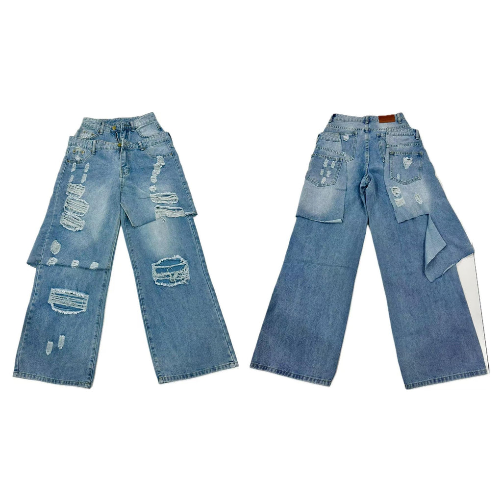 LKOUS Women's Ripped Baggy Jeans High Waist Wide Leg Patchwork Streetwear | Distressed, cutout, Y2K, hip hop, stretchy, soft, pocket, casual, concert, vintage. Machine wash