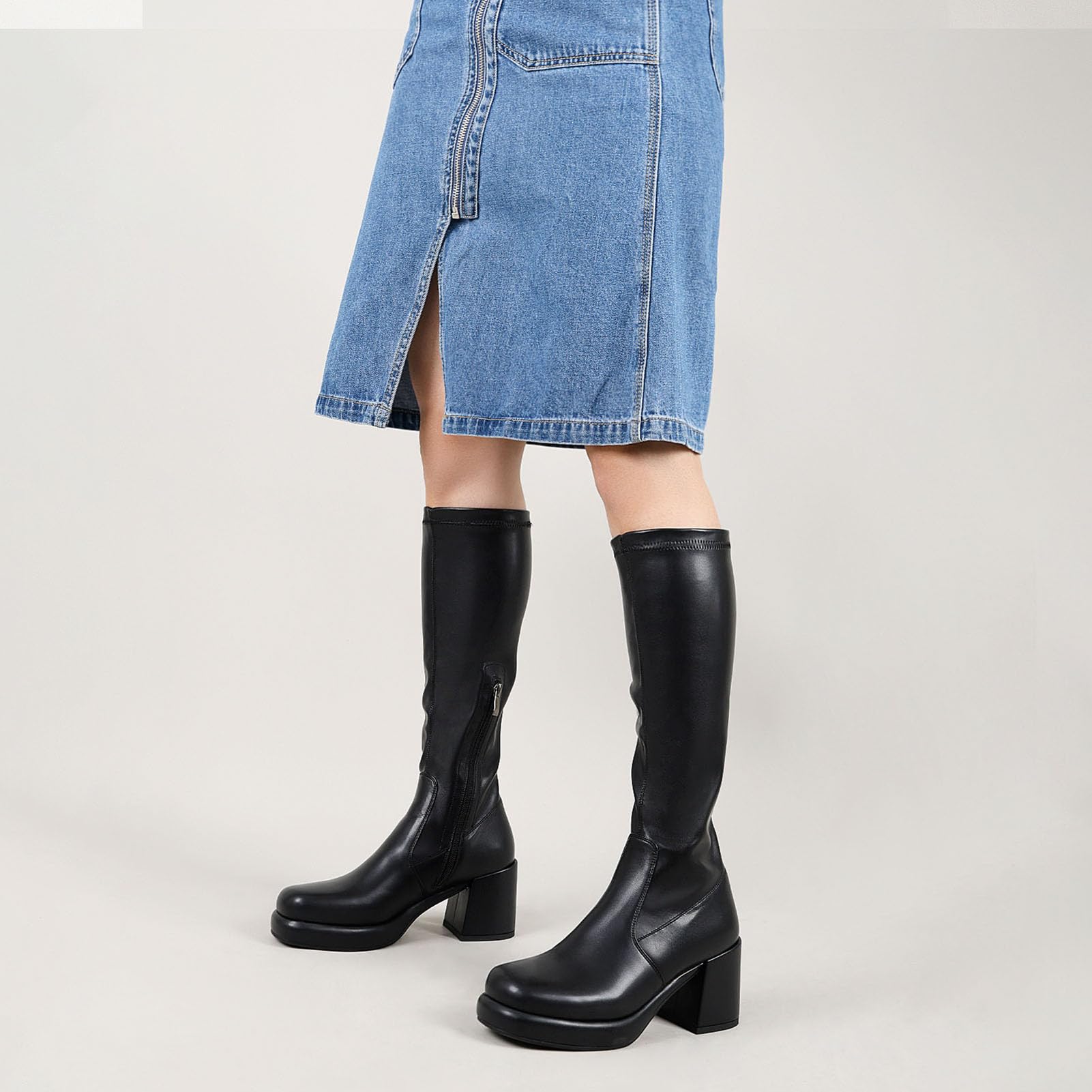 LanreyTaley Elastic Women Knee High Boots Platform Chunky Heel Tall Boots Suede Dress Boots Side Zipper Stretch Boots Fall