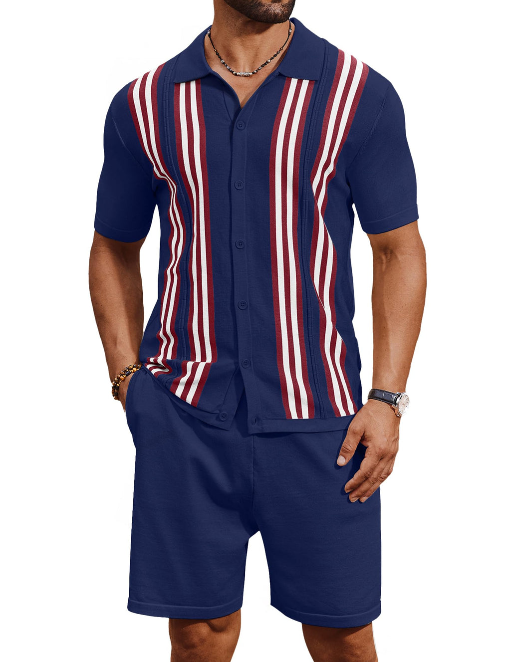COOFANDY Men's 2 Piece Outfits Summer Short Sets Vintage Knit Button Down Shirt Short Sleeve Polo Casual Beach Suits