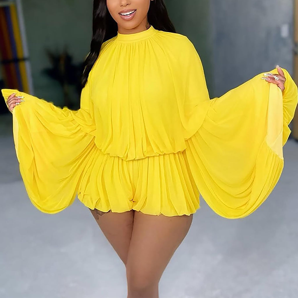 LETSVDO Shorts Sets Women 2 Piece Outfits Mock Neck Bell Sleeve Chiffon Top Blouse Pleated Ruffle Bubble Short Set Romper