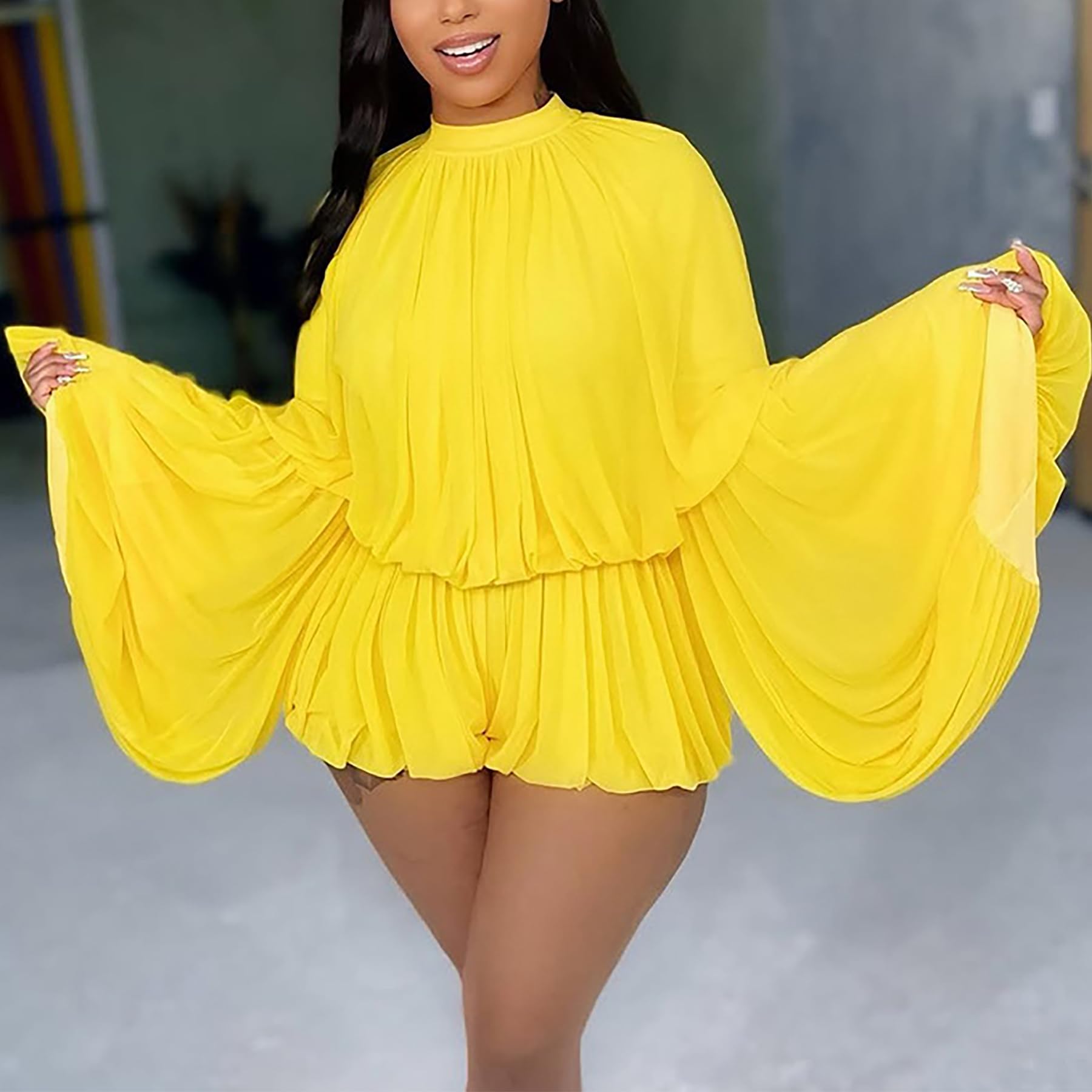LETSVDO Shorts Sets Women 2 Piece Outfits Mock Neck Bell Sleeve Chiffon Top Blouse Pleated Ruffle Bubble Short Set Romper