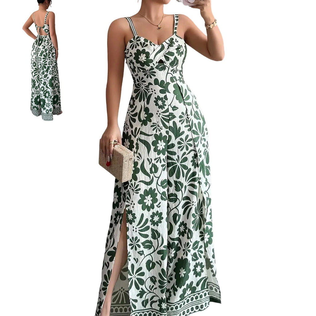 Women's Floral Wide Leg Jumpsuit Sleeveless Backless Side Slit Romper | Women's Floral Wide Leg Jumpsuit, Sleeveless Backless Slub-Textured Romper with Side Slits for Summer Beach Vacation