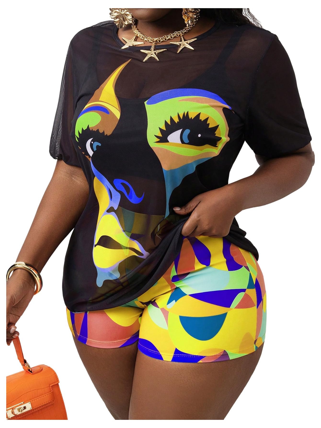 Women's 3 Piece Plus Size Swimsuit Tankini Shorts Set High Waisted Bathing Suit Graphic Beachwear with Mesh Cover Up
