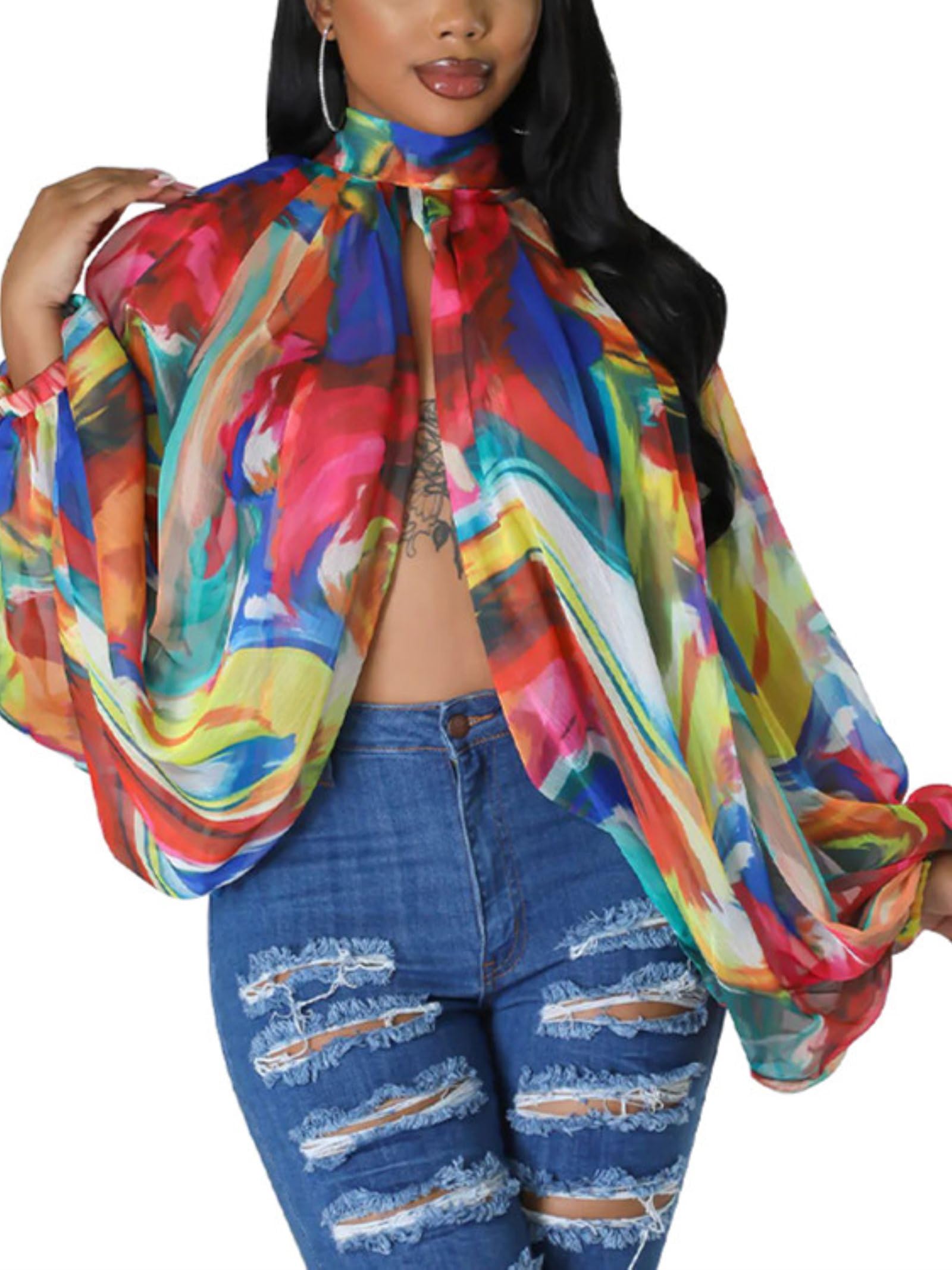 Sexy Tops for Women Party Club Night Batwing Sleeve Chiffon Blouse | Floral Print Blouse Shirts,Puff Sleeve,Going out Tops,Front Open Style,Lantern Sleeve Boho Chiffon Fall Tops 2026