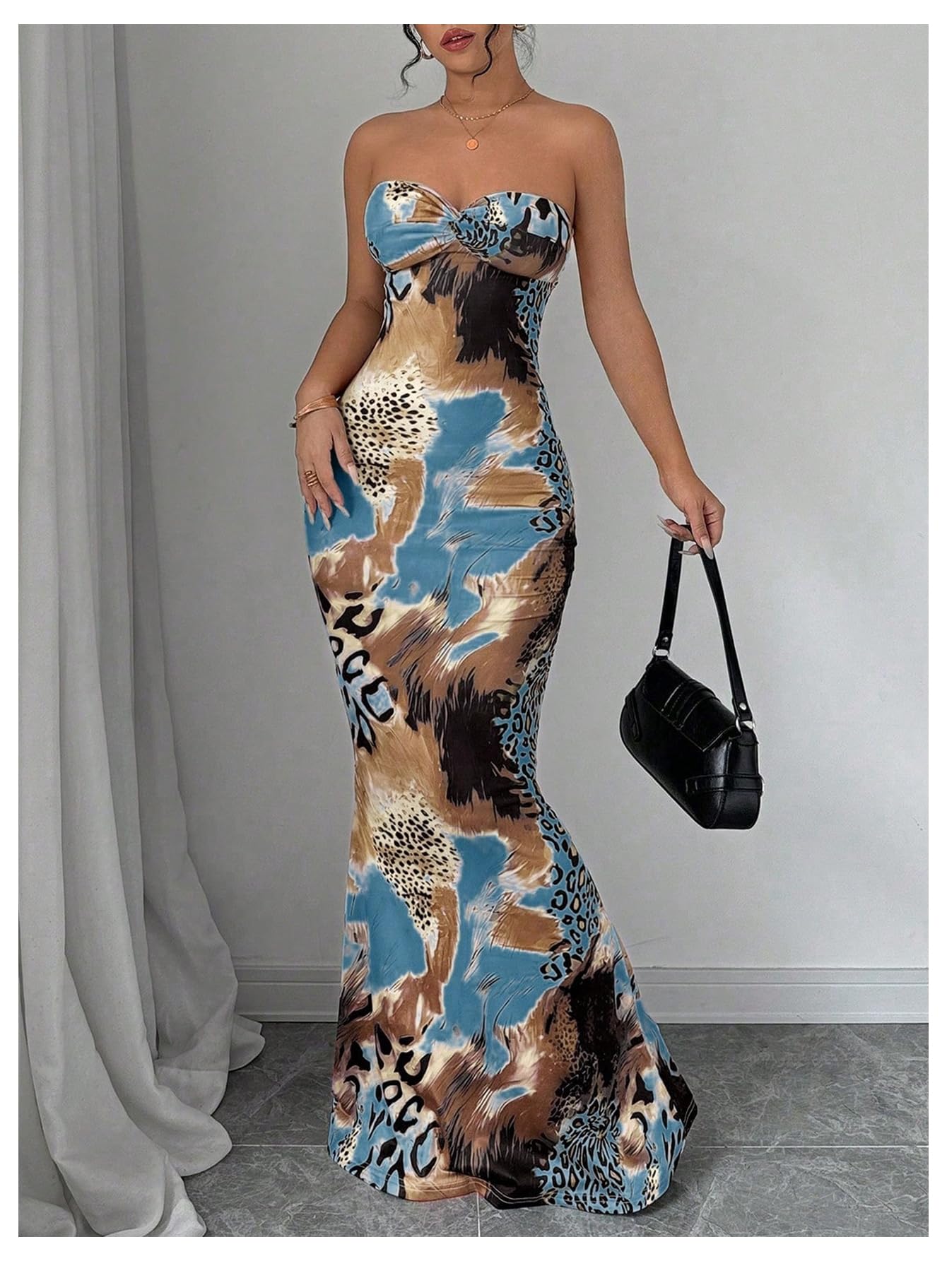 GORGLITTER Women's Leopard Print Strapless Maxi Dress Cheetah Print Outfits | Tube Top Dress, Bodycon, Animal Leopard Print, Fishtail, Maxi Dresses for Vacation, Prom, Party