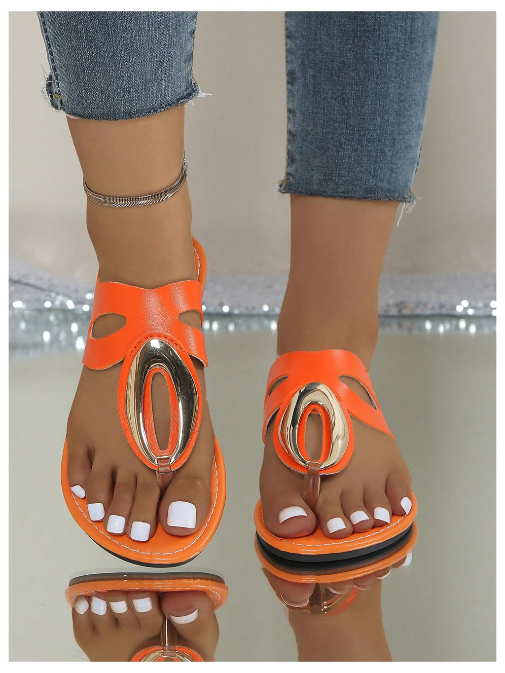 OYOANGLE Women's Metal Open Toe Leather Thong Dressy Sandals Flip Flops | PU Leather Lining, Beach Outings Tropical Vacation Summer Daily Occasions