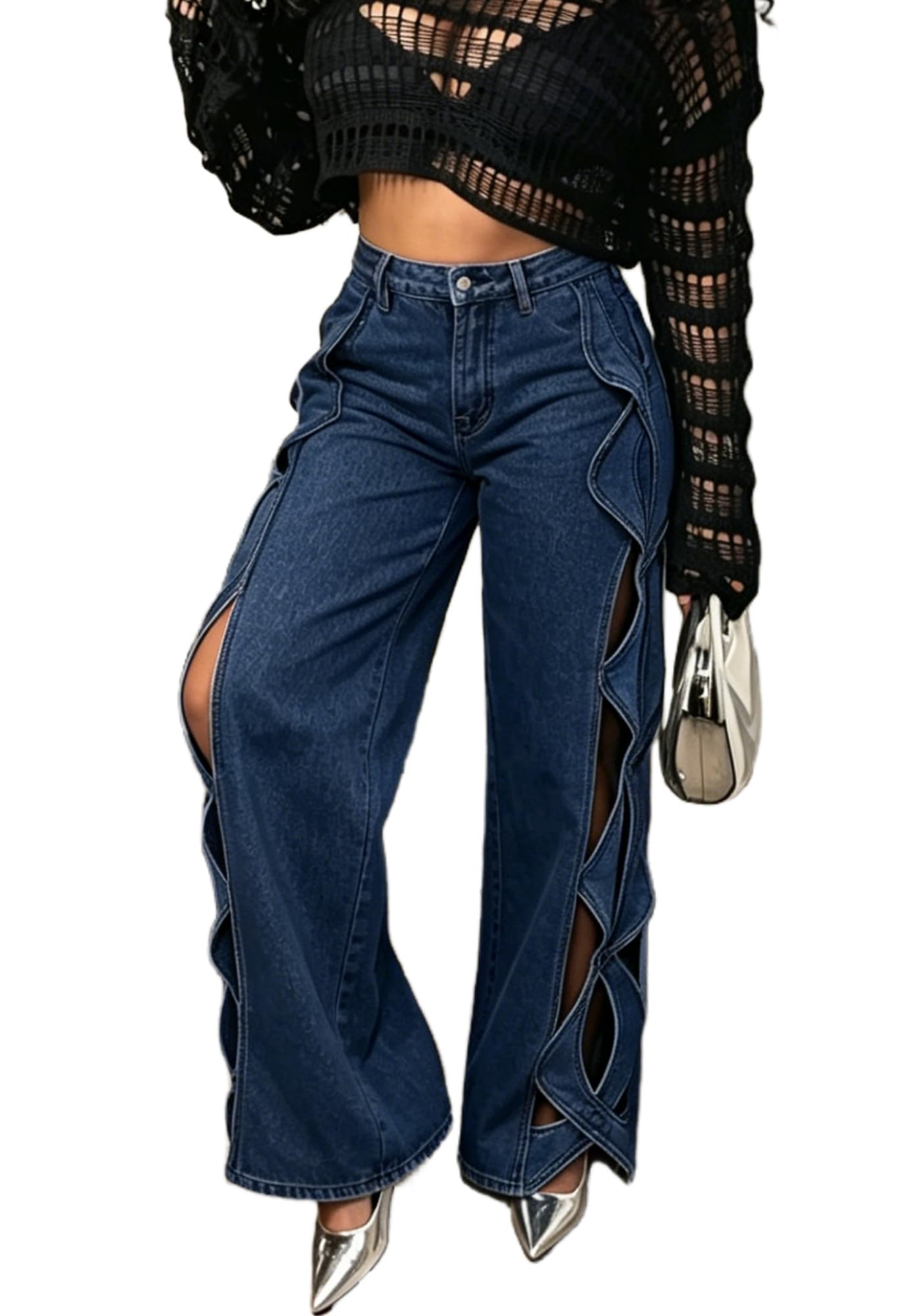 Vaceky Women's Twist Cutout Wide Leg Jeans Lightweight Denim Pant | Modern Patchwork Detail for Brunch, City Outings & Weekend Looks