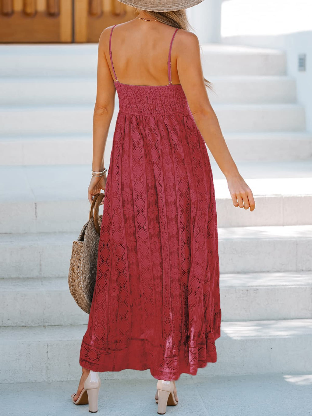 CUPSHE Womens Lace Summer Maxi Dresses 2026 Beach Wear | V Neck Spaghetti Straps Sundress, Tassel, Boho Pom Poms, Flowy Vacation Outfits, Resort Wear, Graduation Wedding Guest Looks