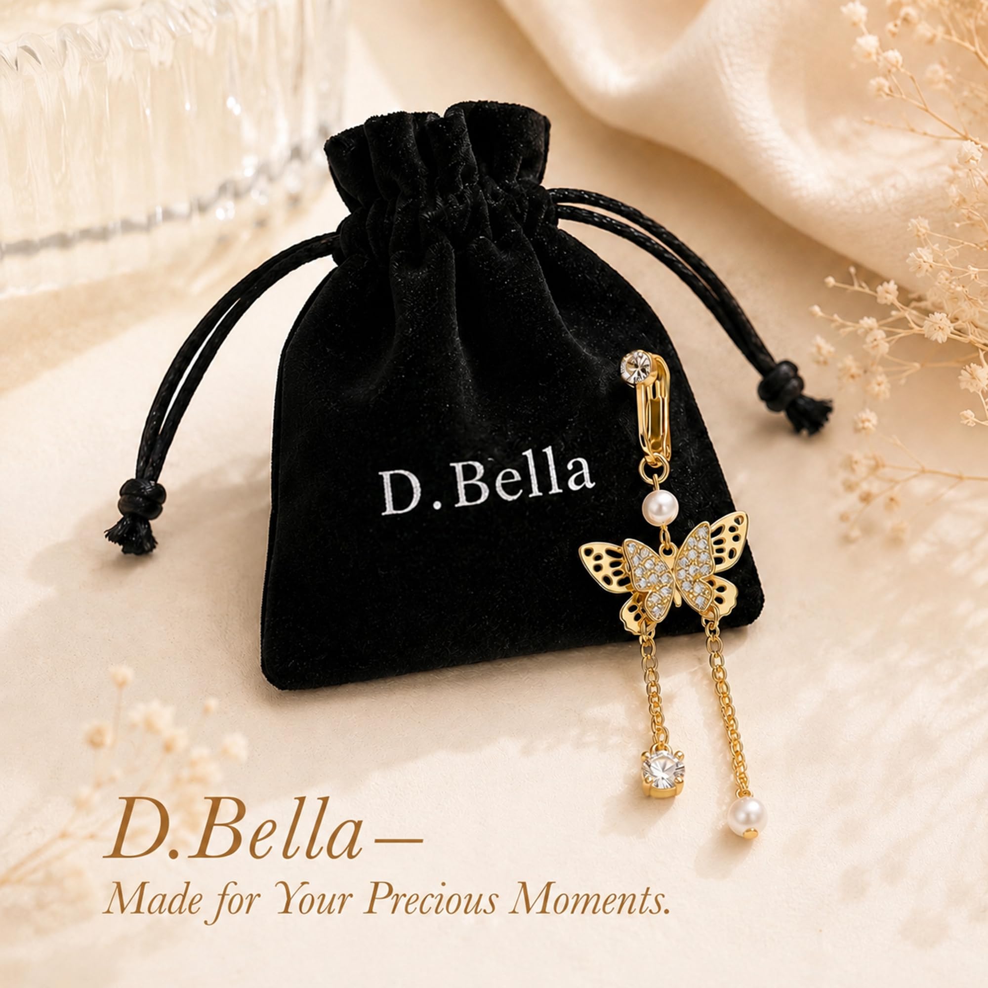 D.Bella Fake Belly Piercing Gold Clip On Belly Button Rings for Women Non Piercing Dangle Navel Jewelry Daily Wear