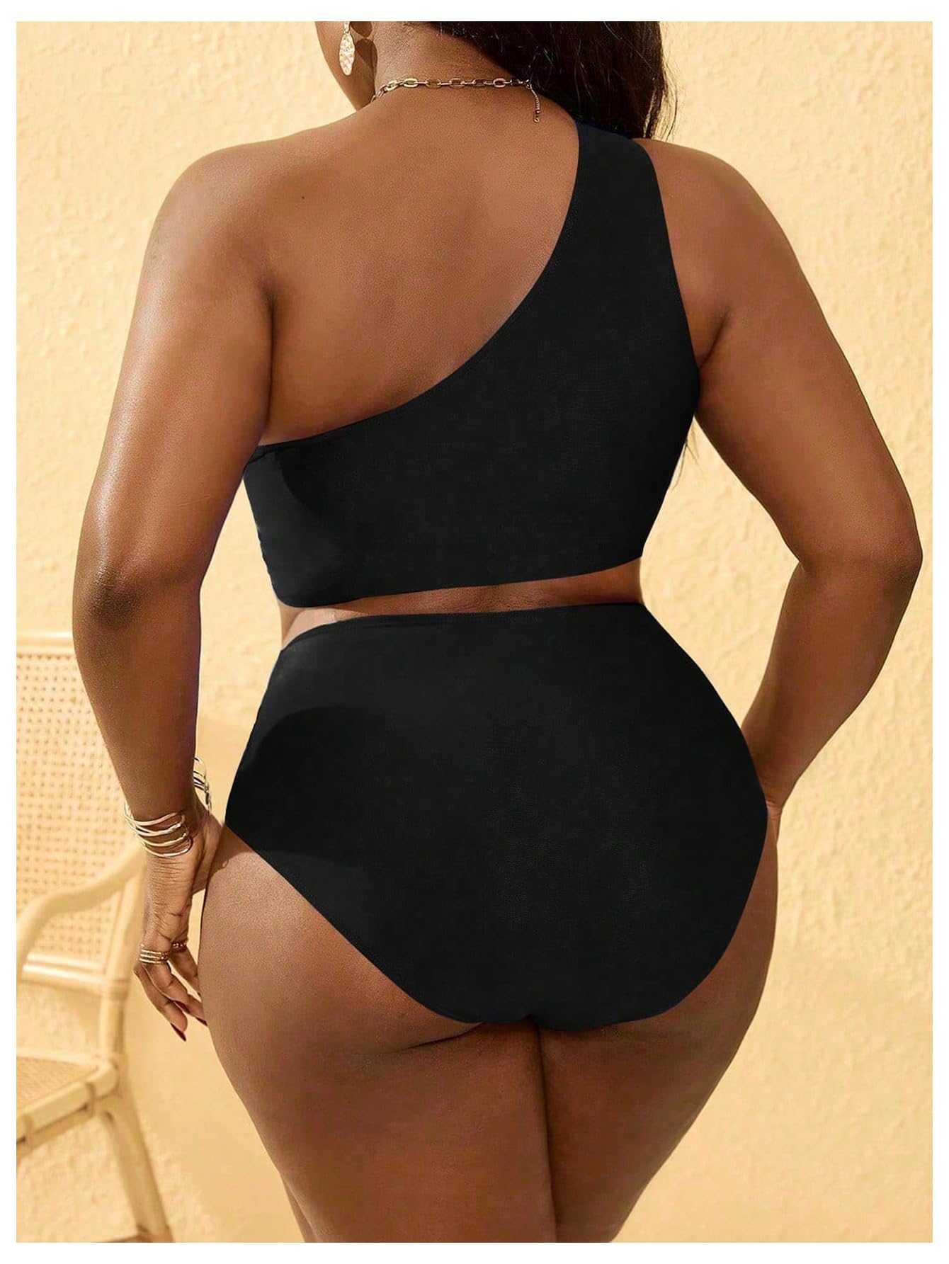 SOLY HUX Women's Plus Size Swimsuit One Shoulder Ring Bikini Sets | High Waist Cut Out Two Piece Bathing Suits, Curvy Summer Beach Vacation Swimwear