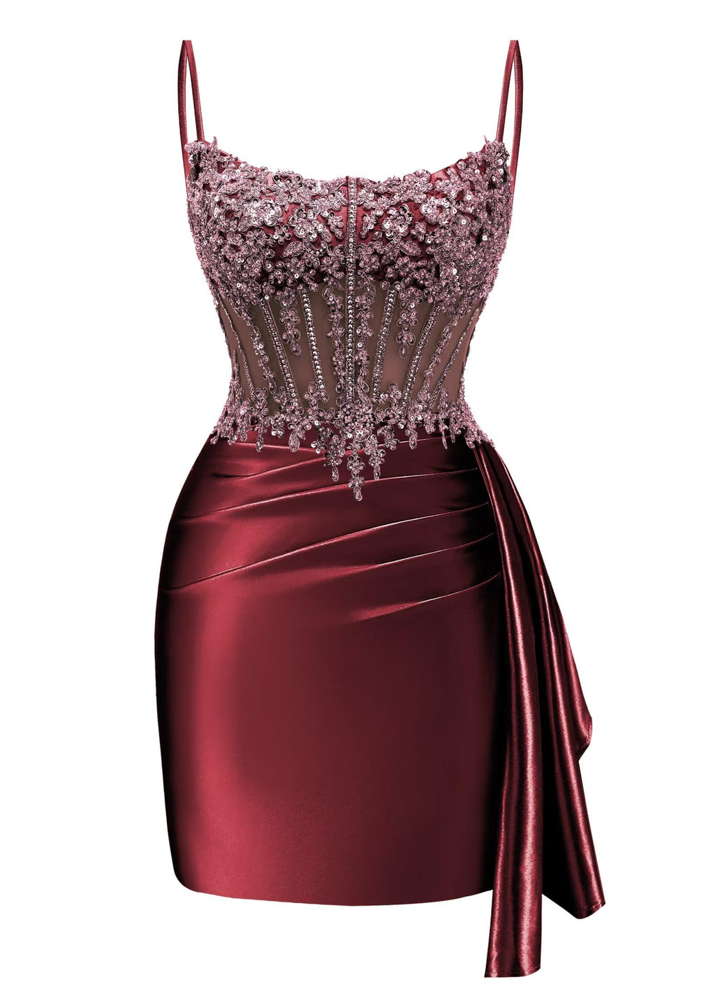 Satin Mermaid Homecoming Dresses 2026 Square Neck Beaded Short Prom Dress | Spaghetti Strap,Ruched,Tight,Bodycon,Sparkle,Sequin,Mini,Hoco Dresses,Club Dresses,Party Dresses