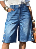 Flamingals Bermuda High Waist Stretchy Pockets Shorts for Women | Button Decor, Casual Styling, Bermuda Shorts for Women, High Waist, Denim Fabric, Stretch Comfort