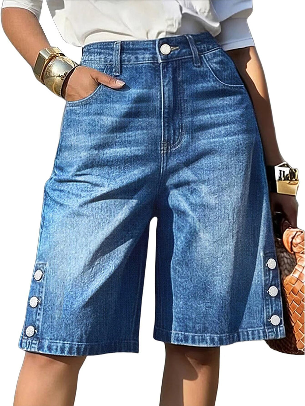 Flamingals Bermuda High Waist Stretchy Pockets Shorts for Women | Button Decor, Casual Styling, Bermuda Shorts for Women, High Waist, Denim Fabric, Stretch Comfort